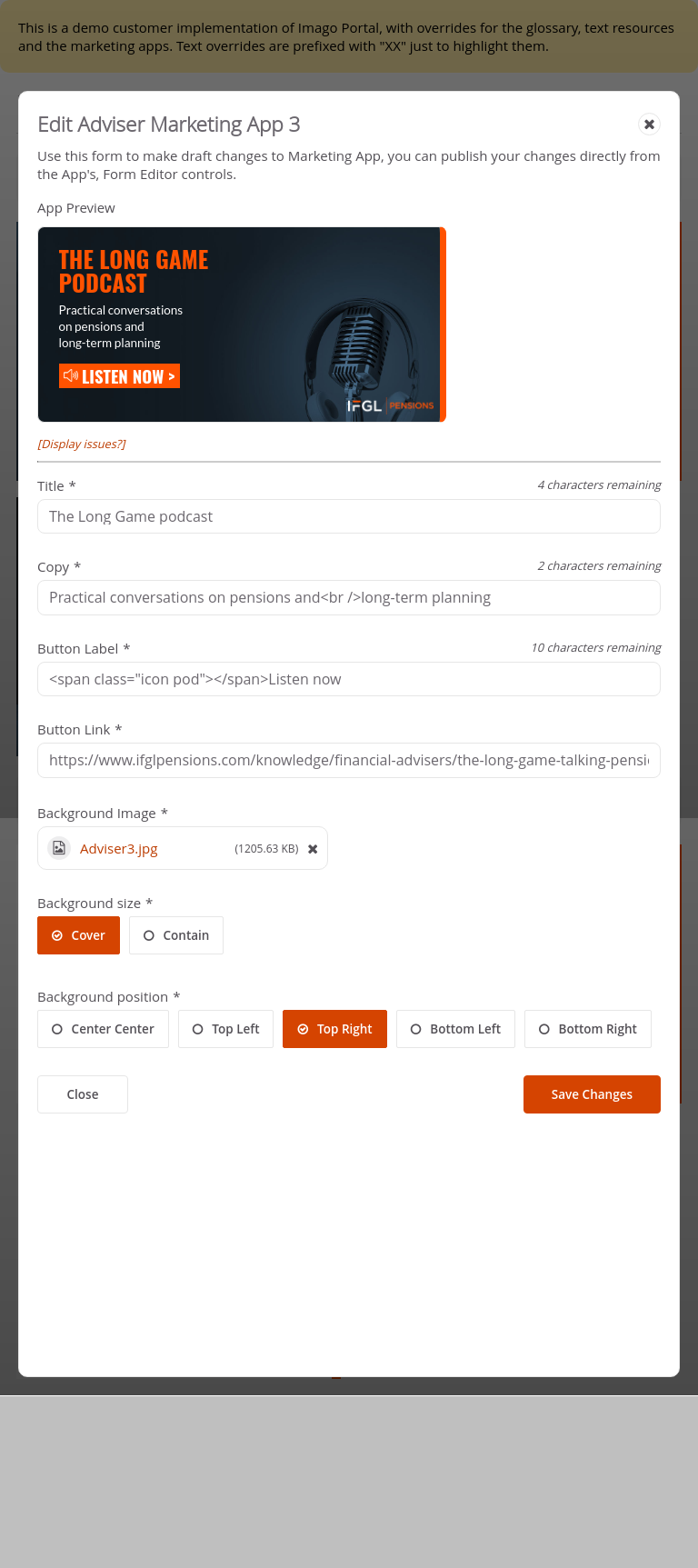 Customer-IFGL > 03 Marketing Dashboard > Edit Marketing Apps